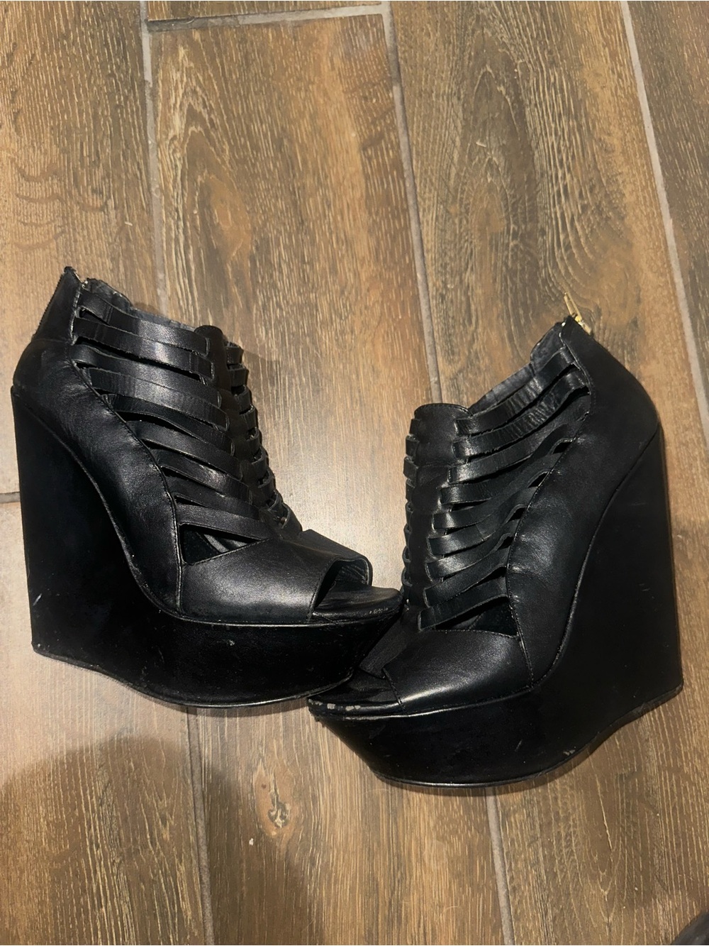 Steve Madden Black Strappy Peep-Toe Wedge Heels